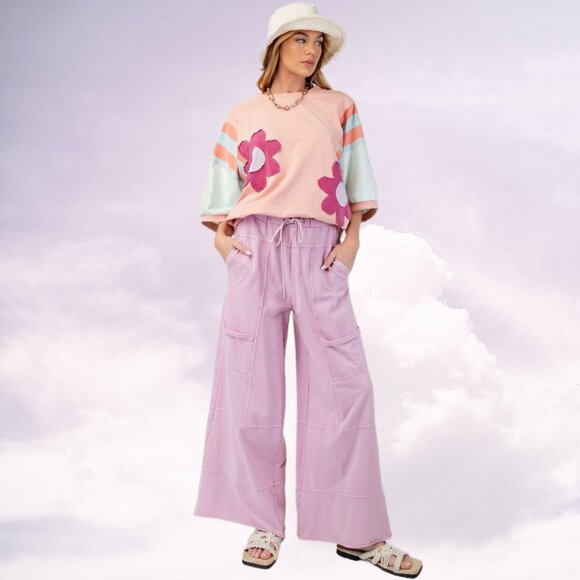 EASEL "Perfect Cargo Lux" Terry Knit Mineral Washed Flared Leg Raw Hems & Seams - Picture 8 of 14